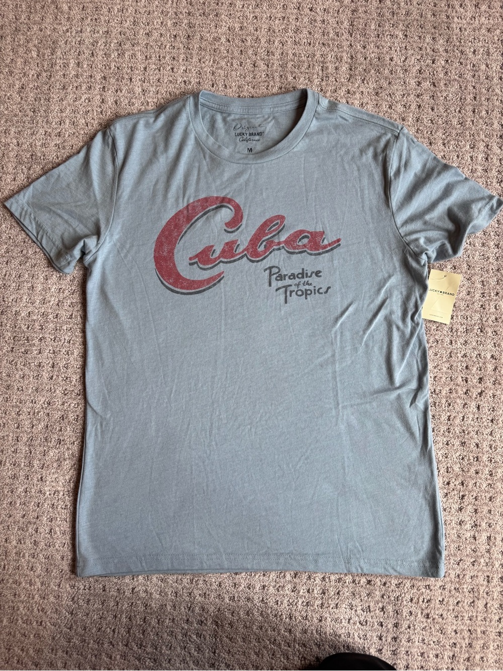 Lucky Brand Light Blue Short Sleeve Cuba Graphic Tee with Red Print